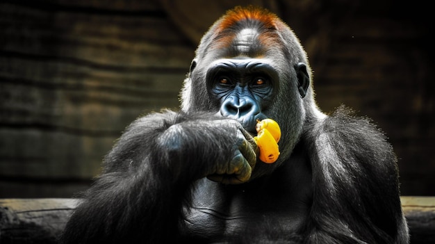 Un gorila comiendo un plátano en un cuarto oscuro.