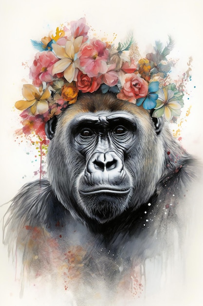 Un gorila con una corona de flores.