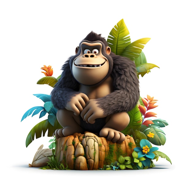 Gorila de dibujos animados en 3D en la jungla aislado en blanco