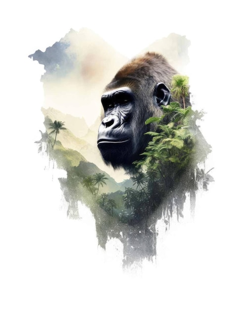 Gorila Doble exposición de un gorila y la naturaleza montañas árboles en el arte de la acuarela