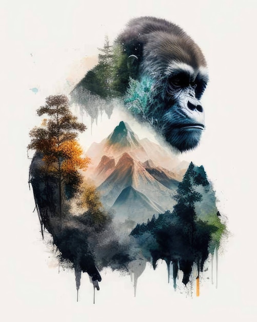 Gorila Doble exposición de un gorila y la naturaleza montañas árboles en el arte de la acuarela