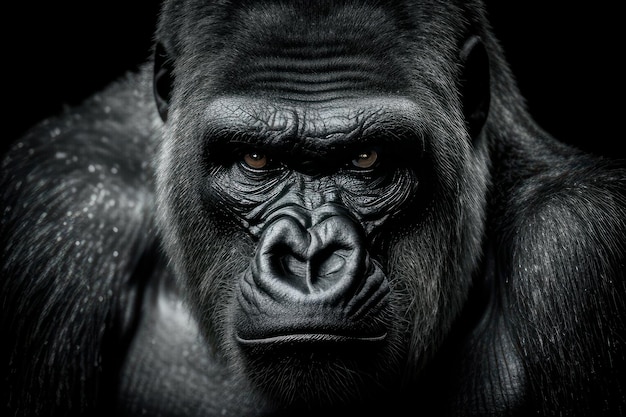 gorila em belo close-up no rosto em preto e branco