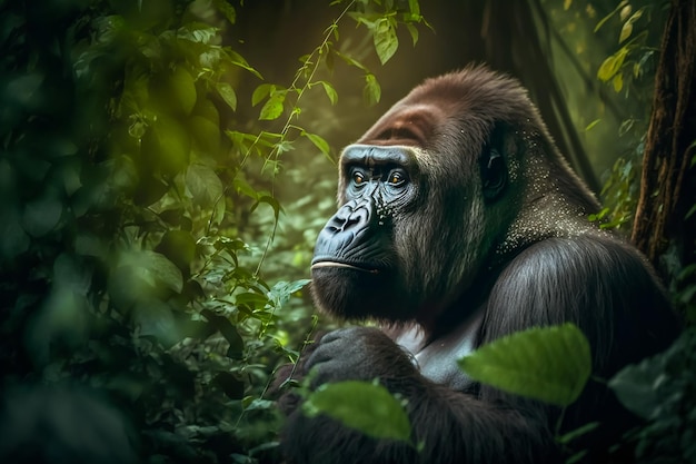 Gorila de espalda plateada mirando hacia arriba mientras come hojas