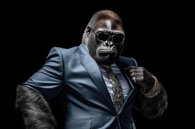 Gorila feliz de terno e óculos escuros em IA generativa de fundo preto