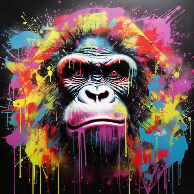 un gorila con un fondo colorido y un toque de pintura de colores.