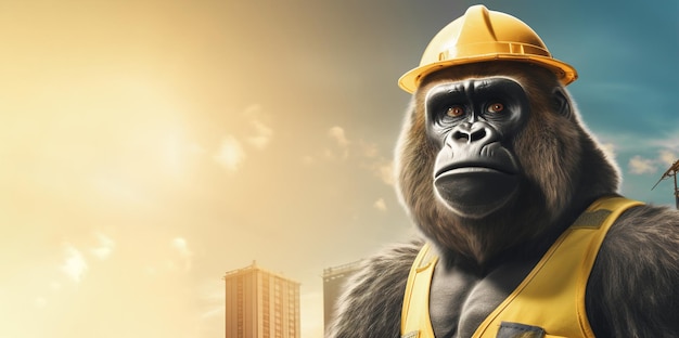 Gorila en forma de constructor y casco Espacio de copia de banner