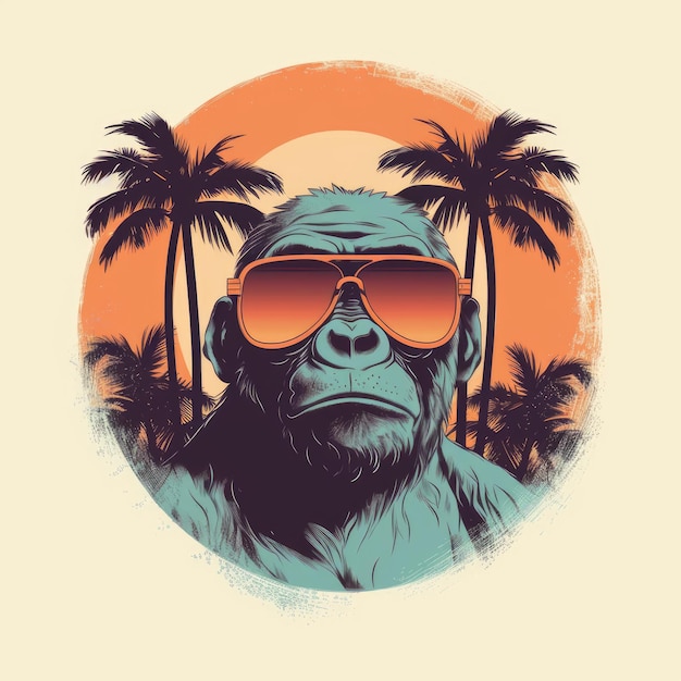 Gorila fresco en gafas de sol al atardecer