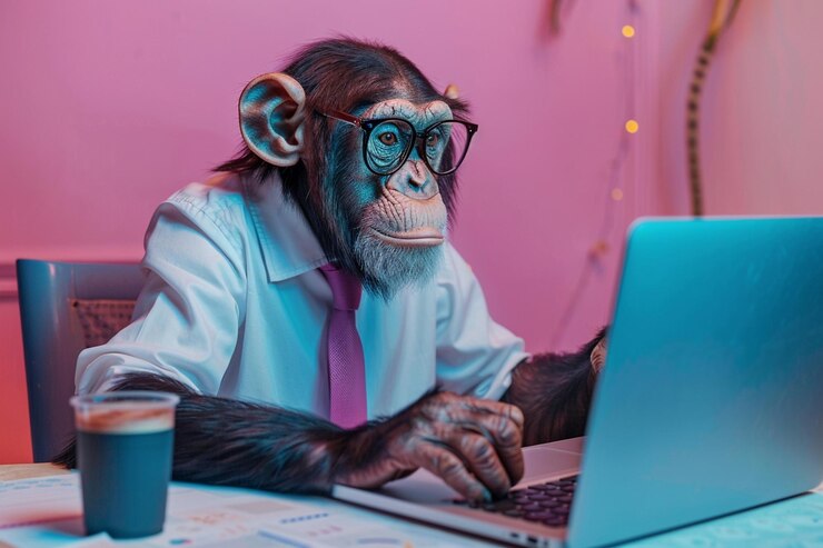 Foto un gorila con gafas está mirando una computadora portátil
