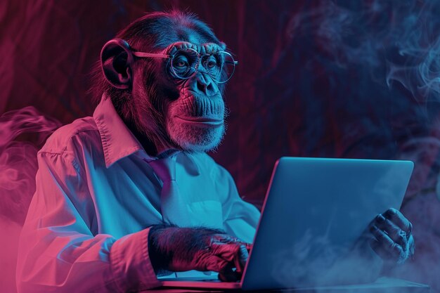 un gorila con gafas está mirando una computadora portátil