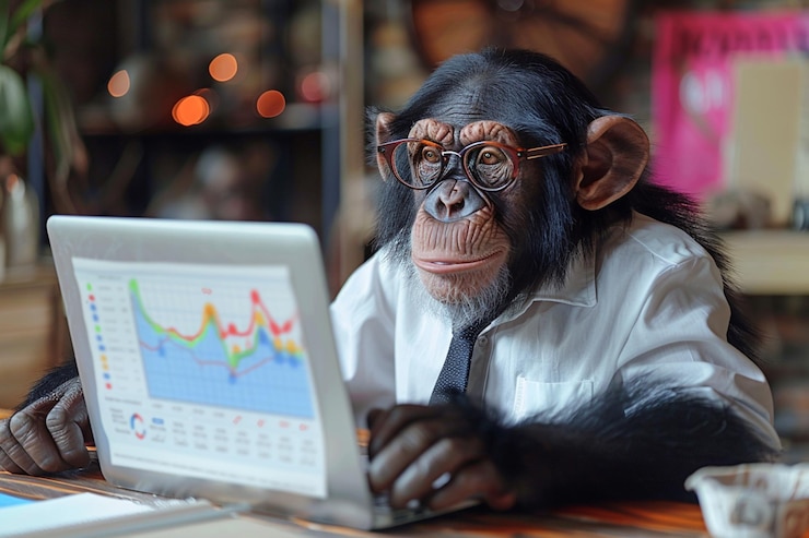 Foto un gorila con gafas está mirando una computadora portátil