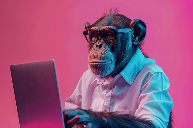 un gorila con gafas está mirando una computadora portátil