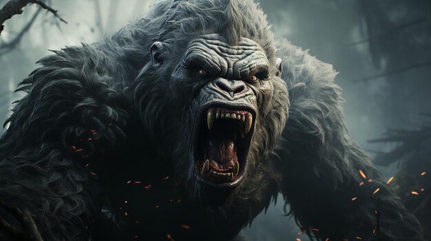El gorila gritando enojado, el rey Kong gritando en la jungla, IA generativa.