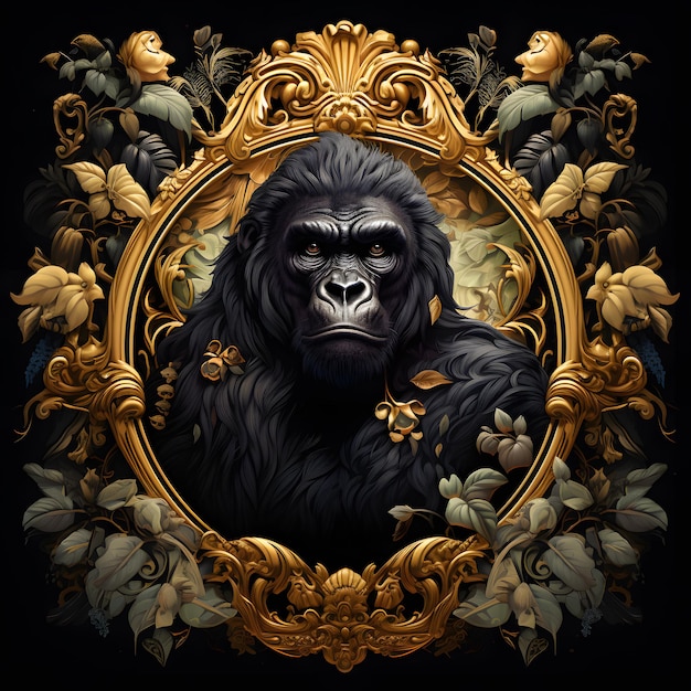 Gorila en un marco adornado con hojas al estilo de ilustraciones de animales hiperrealistas