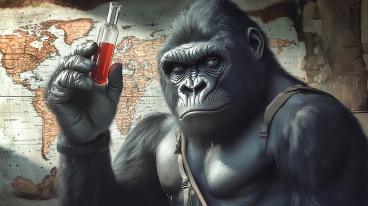 Foto un gorila con una máscara de gas presenta un tubo de ensayo lleno de líquido rojo rodeado de un aire de urgencia contra un fondo de mapa del mundo oscuro