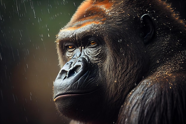 Un gorila mira fuera de la lluvia bajo la lluvia.