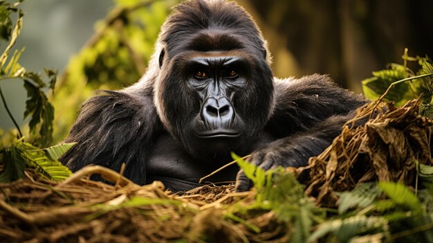Un gorila de montaña de espalda plateada descansa en la maleza de Uganda39s