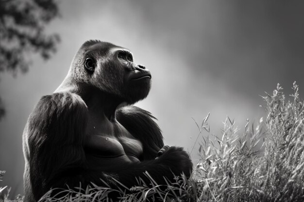 un gorila sentado en la hierba mirando hacia arriba