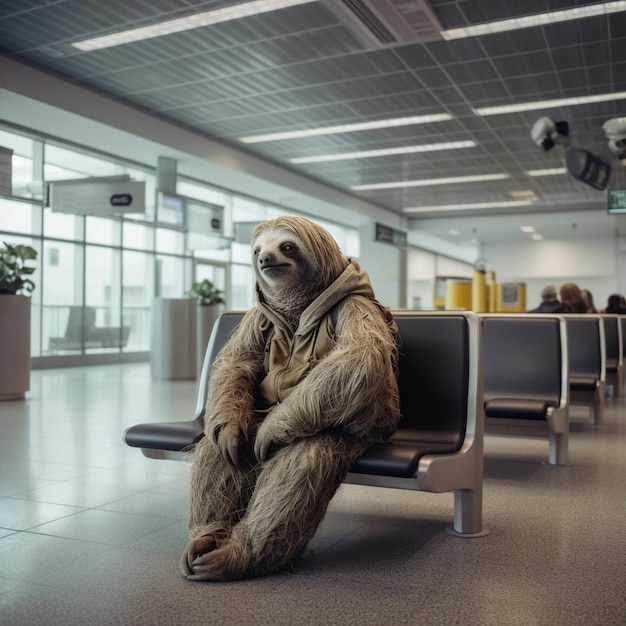 un gorila se sienta en una zona de espera en un aeropuerto.