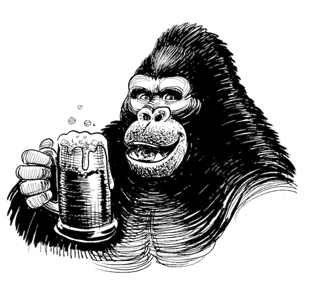 Un gorila sosteniendo una jarra de cerveza y luciendo un dibujo en blanco y negro.