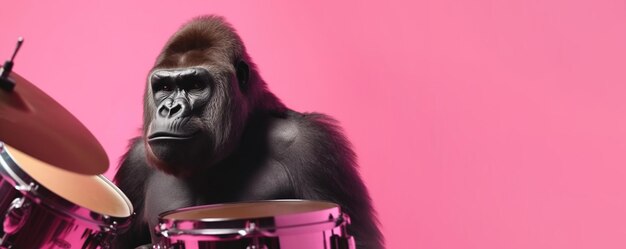 Gorila toca la batería sobre un fondo rosa Espacio para copiar pancartas