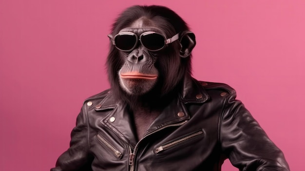 Gorilla-Affe trägt eine Lederjacke und eine Sonnenbrille auf rosa Hintergrund. Generative KI