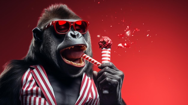 Gorilla mit Zuckerstange und rotem Hintergrund