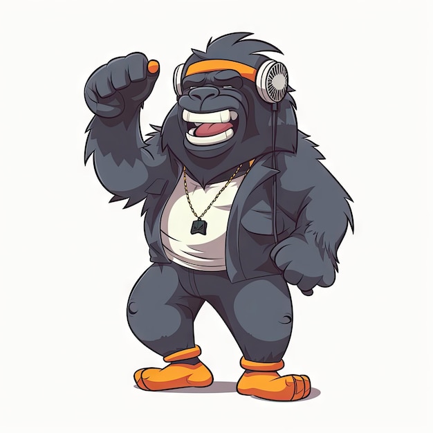 Gorilla Rapper en traje de dibujos animados sonriendo sobre fondo blanco liso