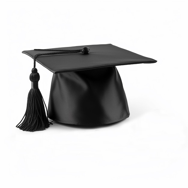 Gorra académica negra con una borla aislada en una presentación de diploma de graduación de fondo blanco