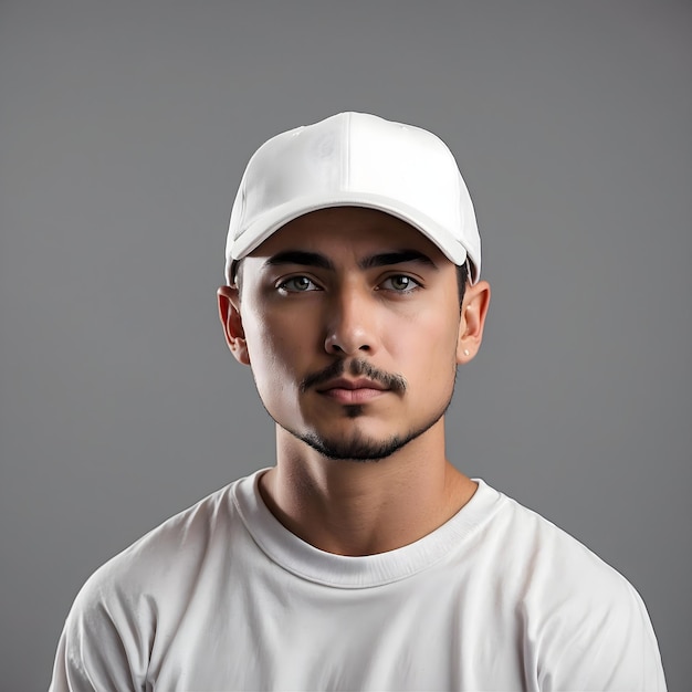 Foto gorra de béisbol blanca sobre fondo gris