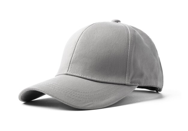 Gorra de béisbol gris sobre un fondo blanco