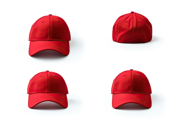 Gorra de béisbol roja en cuatro ángulos diferentes vistas sobre fondo blanco