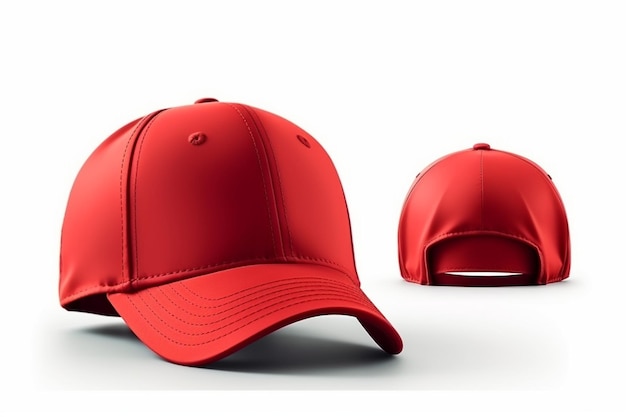 Una gorra de béisbol roja está al lado de un fondo blanco.