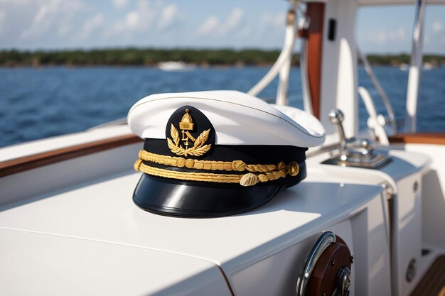 Foto la gorra blanca del capitán de mar en el tablero del barco los barcos están estacionados