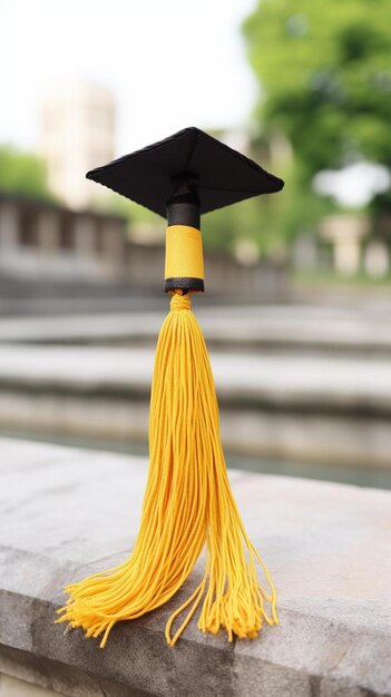 una gorra de graduación amarilla y negra con una borla en ella