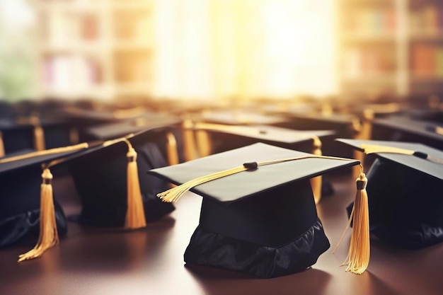 una gorra de graduación con una borla en ella se sienta en una mesa con otros graduados