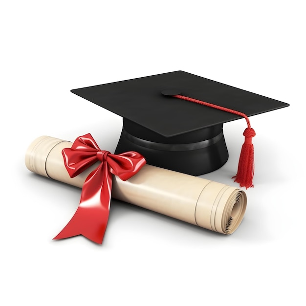 Una gorra de graduación con una cinta roja se encuentra sobre un anillo de graduación y un pergamino con una cinta roja.