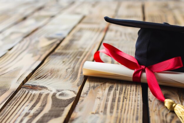 Foto una gorra de graduación y un diploma con una cinta roja en él