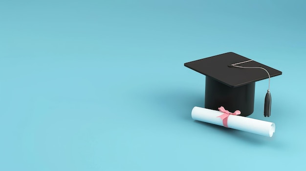 La gorra de graduación y el diploma en un fondo azul