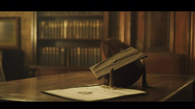 La gorra de graduación y el diploma en una mesa de madera