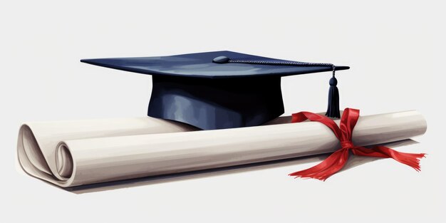 Una gorra de graduación y un diploma se muestran sobre un fondo blanco