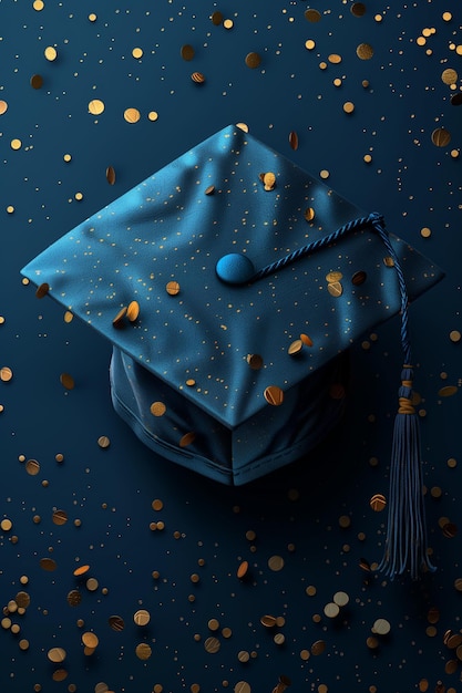 Gorra de graduación y elegantes confeti de oro para los mensajes de la ceremonia de graduación