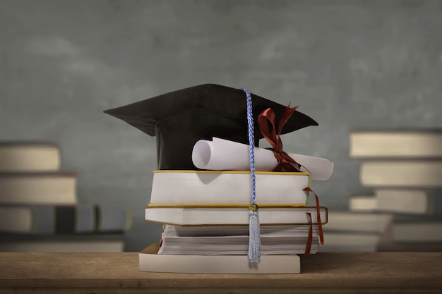 Gorra de graduación encima de libros de pila con papel de grado