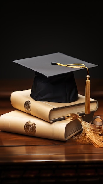 Una gorra de graduación se encuentra en la parte superior de una pila de libros