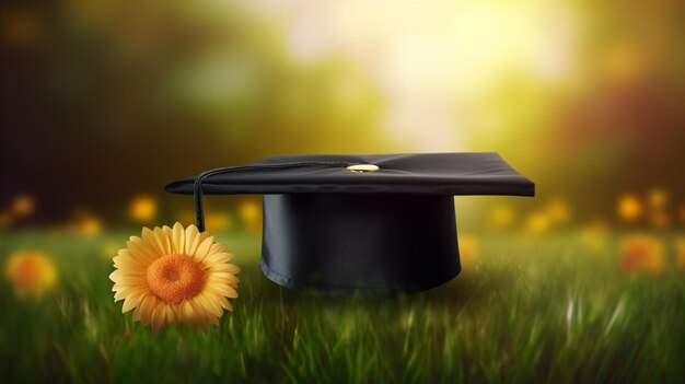 Gorra de graduación de estudiante sombrero de toga con fondo de flor