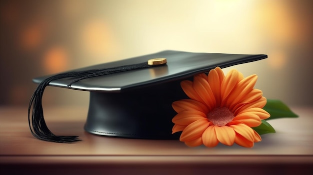 Gorra de graduación de estudiante sombrero de toga con fondo de flor