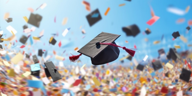 Gorra de graduación con fondo de confeti Día de graduación Concepto Generativo Ai