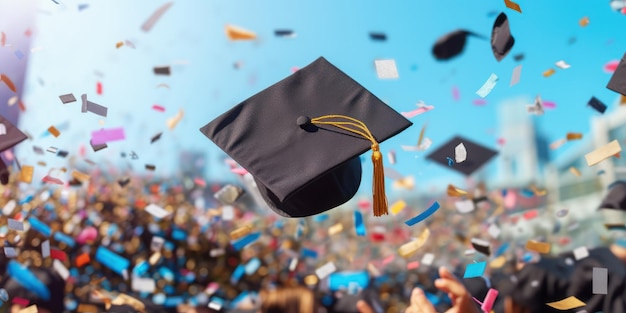 Gorra de graduación con fondo de confeti Día de graduación Concepto Generativo Ai