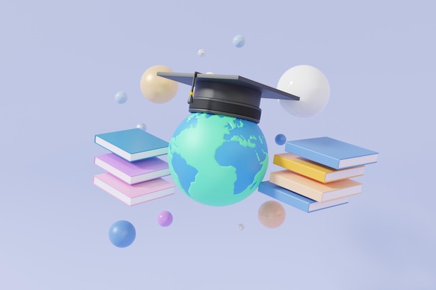 Gorra de graduación en globo flotante sobre fondo pastel Concepto de educación en línea de aprendizaje de libros Plantilla de página de aplicación de sitio web de banner conocimiento mundial aprendizaje representación 3d de dibujos animados mínimos