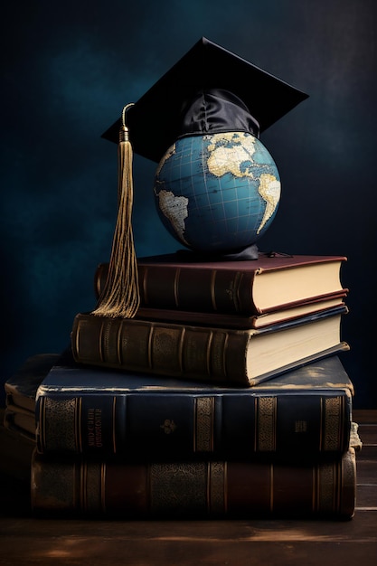 Gorra de graduación en un globo con fondo de libros