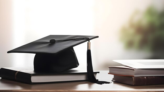 gorra de graduación y libros en la mesa